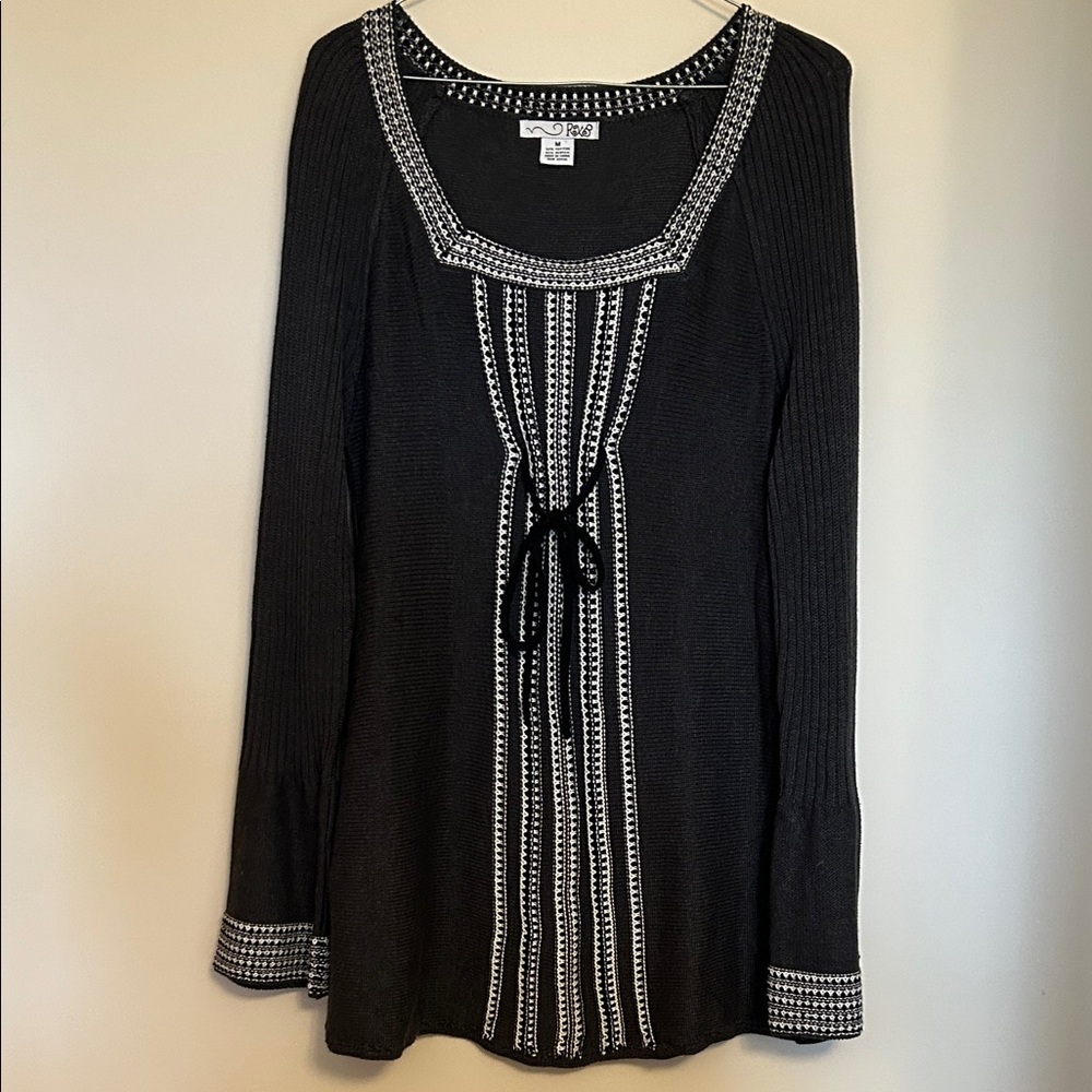 RXB retro knit pullover sweater dark grey black/white trim bell sleeves size Med